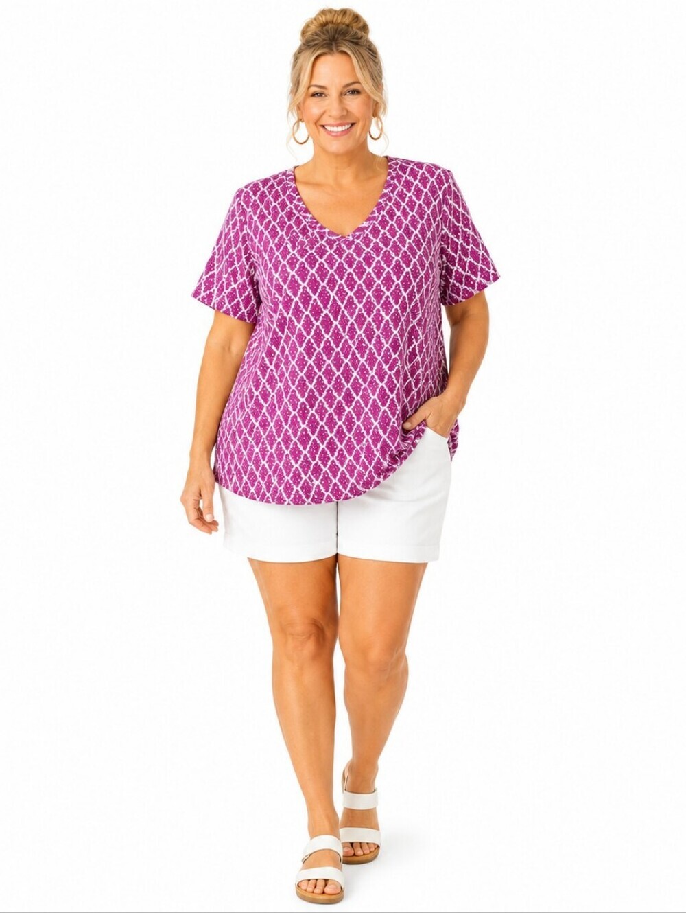 Catherines 0X 14/16W Mauve Diamond Print V-Neck Top 100% Cotton Oversized